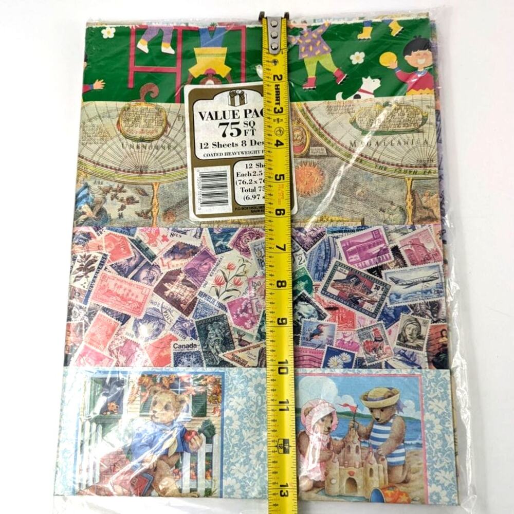 Vtg Holiday Wrapping Paper 12 Sheets 75 Sq Ft Automobiles Stamps Kids Music Map - Picture 12 of 13